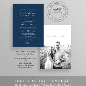 Editable Wedding Invitation Set Template, INSTANT DOWNLOAD, 100% Editable, Minimalist Invite, RSVP & Detail, Printable, Templett #037B image 3
