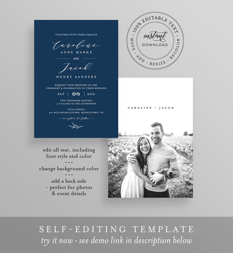 Editable Wedding Invitation Set Template, INSTANT DOWNLOAD, 100% Editable, Minimalist Invite, RSVP & Detail, Printable, Templett #037B image 3