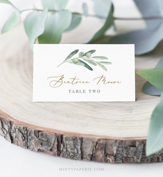 Olive & Gold Place Card Template, INSTANT DOWNLOAD, 100% Editable, Printable Wedding Buffet Card, Name Card, Templett, 3.5x2 #081-139PC