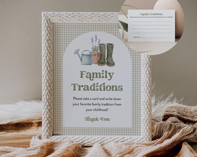 Baby Family Traditions Sign & Card, Locally Grown Baby Shower, Gender Neutral, Share a Childhood Memory, Editable, Templett #0059-46BAG
