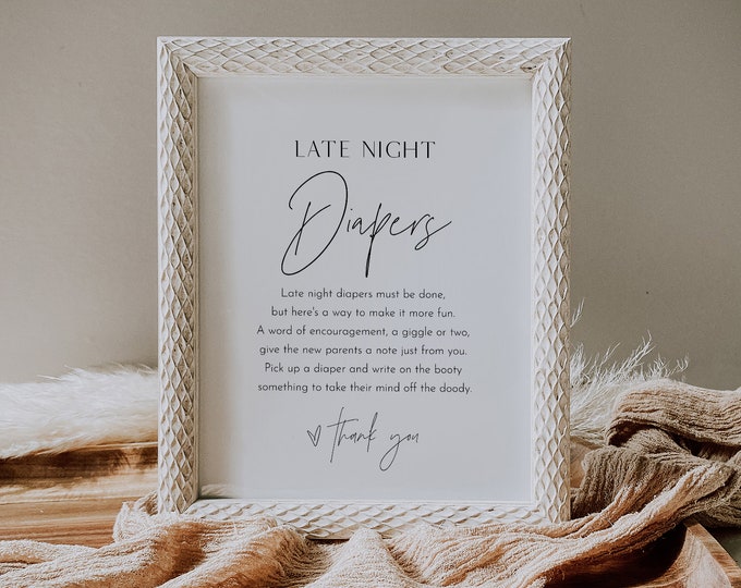Late Night Diapers Sign, Minimalist Baby Shower Game, Modern Diaper Notes, Editable Template, Instant Download, Templett, 8x10 #0026-230BASG