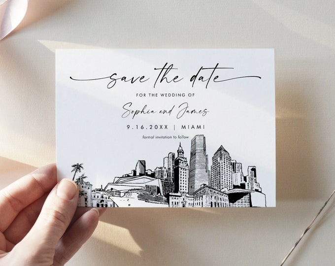 Miami Skyline Save the Date, City Destination Wedding Miami Wedding Date, Editable Template, Instant Download, Templett, 5x7 #0047-212SD