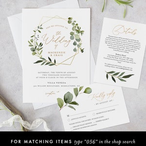 May include: A wedding invitation featuring a gold geometric frame and green foliage. The invitation reads "You're invited to the wedding of Mackenzie & Craig" and includes the date, time, and location of the wedding. The invitation also includes an RSVP card with the option to choose between a grilled fillet mignon, herbed halibut, or porcini mushroom lasagna.