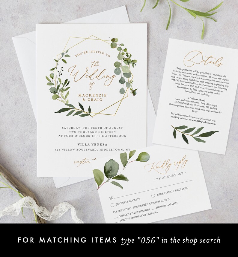 May include: A wedding invitation featuring a gold geometric frame and green foliage. The invitation reads "You're invited to the wedding of Mackenzie & Craig" and includes the date, time, and location of the wedding. The invitation also includes an RSVP card with the option to choose between a grilled fillet mignon, herbed halibut, or porcini mushroom lasagna.