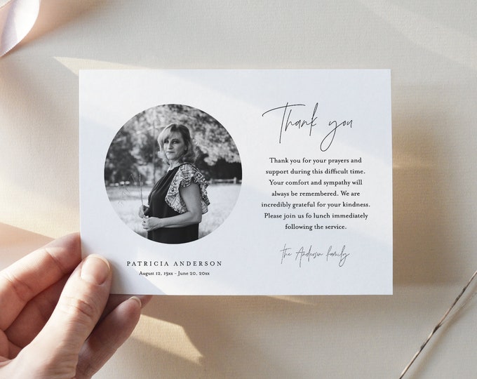 Funeral Thank You Card, Minimalist Sympathy Card, Photo Memorial Card, Printable, Instant Download, Editable Text, Templett #0026-106FTY