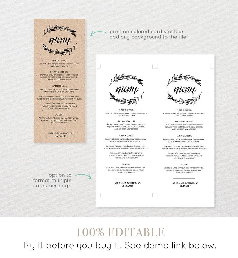Rustic Wedding Menu Template, Printable Menu Card, Editable Template, Instant Download, DIY Wedding Reception Menu, Templett 023-113WM image 2