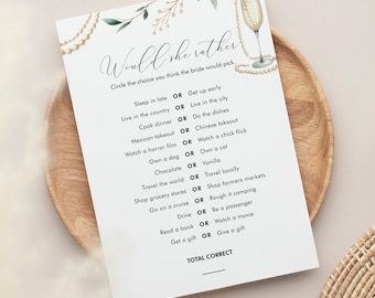 Would She Rather Bridal Shower Game Template, Pearls and Prosecco, Printable, Editable Template, Instant Download, Templett #0065-04BRG