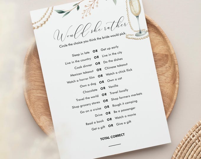 Would She Rather Bridal Shower Game Template, Pearls and Prosecco, Printable, Editable Template, Instant Download, Templett #0065-04BRG