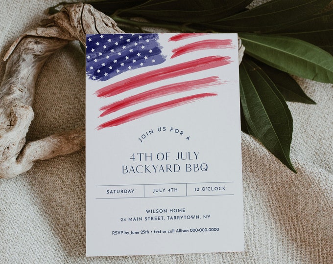 4th of July Party Invitation, Printable Fourth of July Backyard BBQ Invite, American Flag, Evite, Editable Template, Templett #0037-101IN