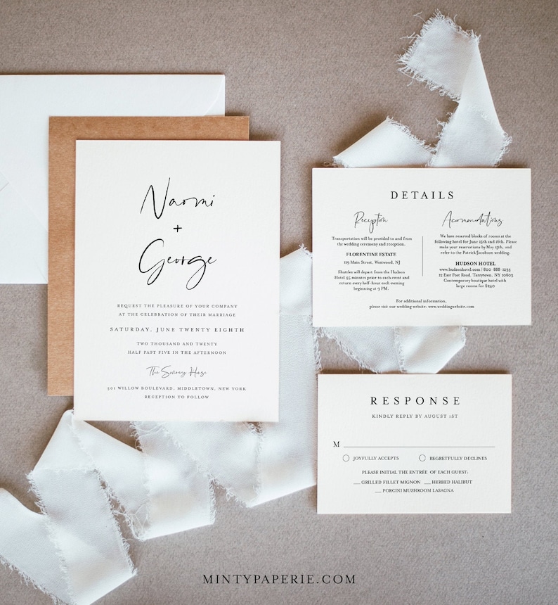 May include: Wedding invitation suite with a white background and black text. The invitation features the couple's names, "Narmi + Gurge", the date and time of the wedding, and the location. The RSVP card includes the couple's names, the date by which to RSVP, and a list of meal options.