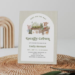 Invito per baby shower di produzione locale, mercato degli agricoltori, fattoria, giardino, coltivato con amore, genere neutro, modello modificabile, Templett #0059-255BA