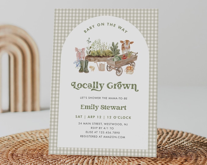 Locally Grown Baby Shower Invitation, Farmers Market, Farm, Garden, Grown With Love, Gender Neutral, Editable Template, Templett #0059-255BA