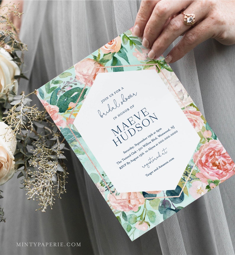 Mint Bridal Shower Invitation Template Printable Blush | Etsy
