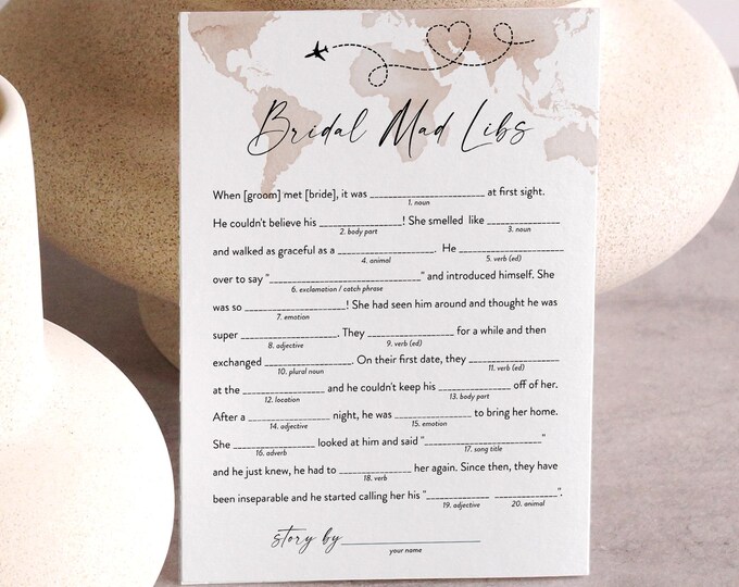 Travel Theme Mad Libs Bridal Shower Game, World Map Bridal Shower Funny Game, Instant Download, Templett, 5x7 #0039-09BRG