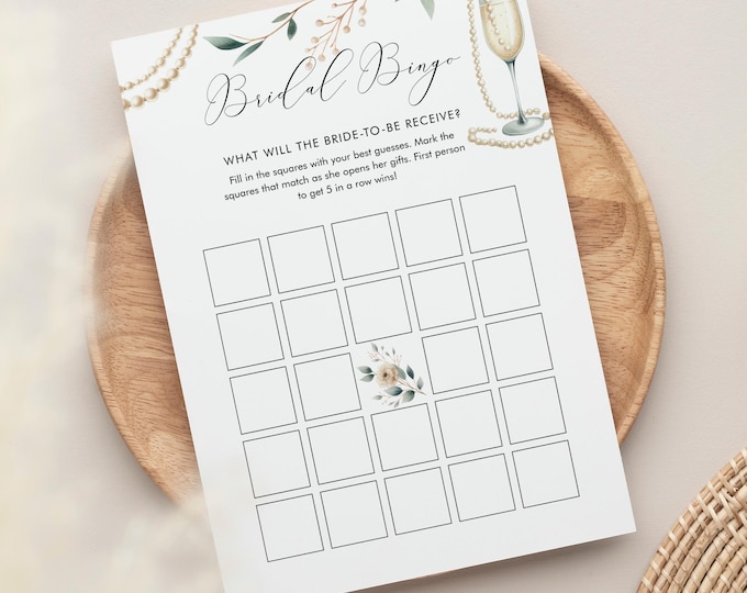 Bridal Bingo Game, Pearls and Prosecco Bridal Shower Game Printable, Editable Template, Instant Download, Templett, 5x7 #0065-01BRG