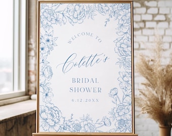 French Toile Bridal Shower Welcome Sign, Vintage Floral Wedding Sign, Chinoiserie, Editable Template, Instant, 18x24, 24x36 #0062-375LS