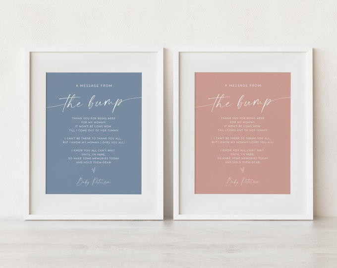 Message from the Bump Sign, Boy or Girl Baby Shower Template, Dusty Blue and Pink, Editable Message from Baby, Instant, Templett #0034PB-18S