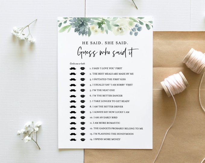He Said She Said, Guess Who Said It Wedding Shower DIY Game, Editable Bridal Shower Game, INSTANT DOWNLOAD, Personalize Questions #075-168BG