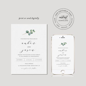 Eucalyptus Wedding Invitation Set, Greenery, Printable Invite, RSVP, Details, Instant Download, 100% Editable Template, DIY, Templett 036A image 4