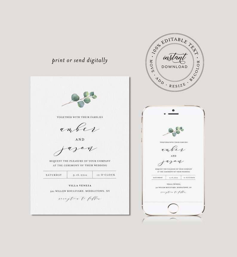 Eucalyptus Wedding Invitation Set, Greenery, Printable Invite, RSVP, Details, Instant Download, 100% Editable Template, DIY, Templett 036A image 4