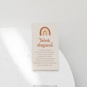 Boho Books for Baby Card, Boho Book Request, Retro Rainbow Baby Shower Insert, Modifiable, Téléchargement instantané, Templett #025A-126BFB