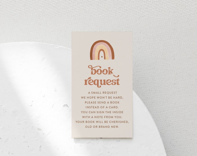 Boho Books for Baby Card, Bohemian Book Request, Retro Rainbow Baby Shower Insert, Editable, Instant Download, Templett #025A-126BFB