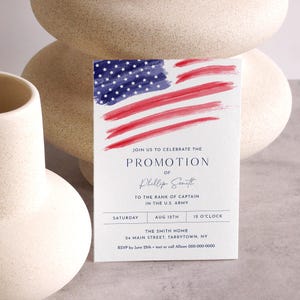 Uitnodiging militaire promotie feest, afdrukbaar leger, marine, rang luchtmacht, Amerikaanse vlag, Evite, bewerkbare sjabloon, Templett #0037-101RT