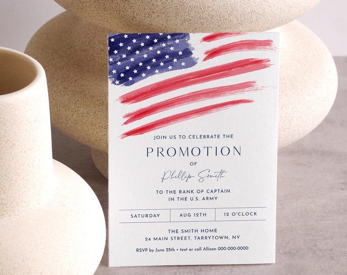 Military Promotion Party Invitation, Printable Army, Marine, Air Force Rank, American Flag, Evite, Editable Template, Templett #0037-101RT