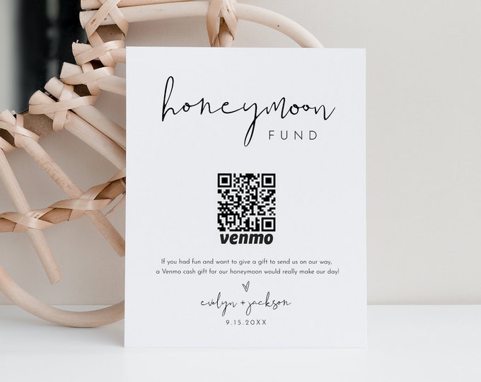 Honeymoon Fund Sign, Venmo Honeymoon Wish, Wedding Cash Gift, Minimalist, Editable Template, Instant Download, Templett, 8x10 #0031-16S