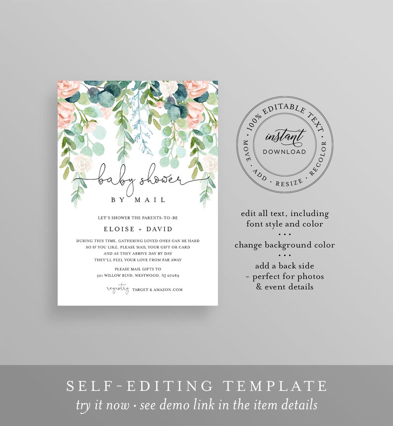 May include: A baby shower invitation with floral accents. The design features watercolor-style flowers in shades of pink, green, and white. The text reads "baby shower by mail" with details for the parents-to-be and gift instructions.