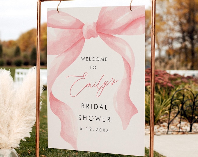 Coquette Bow Bridal Shower Welcome Sign, Watercolor Bow, She's Tying the Knot, Editable Template, Instant Download, 18x24, 24x36 #0057-369LS