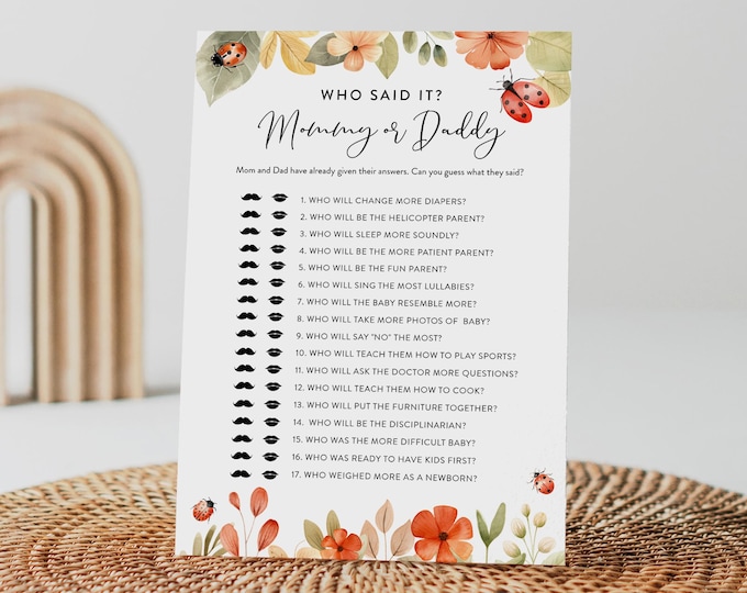 Ladybug Who Said It, Mommy or Daddy Game, Girl Baby Shower, Editable Template, Instant Download, Templett, 5x7 #0069-28BAG