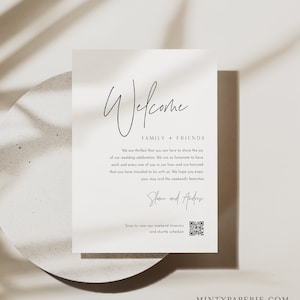 Plantilla de carta de bienvenida moderna, carta de bolsa de bienvenida de boda minimalista, inserción de código QR, descarga instantánea, texto 100% editable #0026-184WB