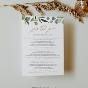 Pass the Poem Game, Fun Icebreaker Game, Greenery Bridal Shower Game, INSTANT DOWNLOAD, 100% Editable Template, Templett #056-400BG