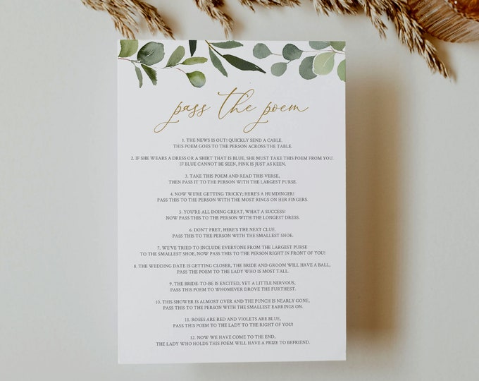 Pass the Poem Game, Fun Icebreaker Game, Greenery Bridal Shower Game, INSTANT DOWNLOAD, 100% Editable Template, Templett #056-400BG