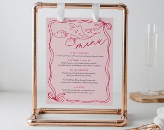 Fresh Market Menu, Printable Strawberry Bridal / Baby Shower Menu Card, Coquette, Editable Template, Instant Download, Templett #0058B-167WM