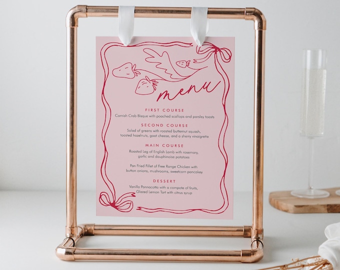 Fresh Market Menu, Printable Strawberry Bridal / Baby Shower Menu Card, Coquette, Editable Template, Instant Download, Templett #0058B-167WM
