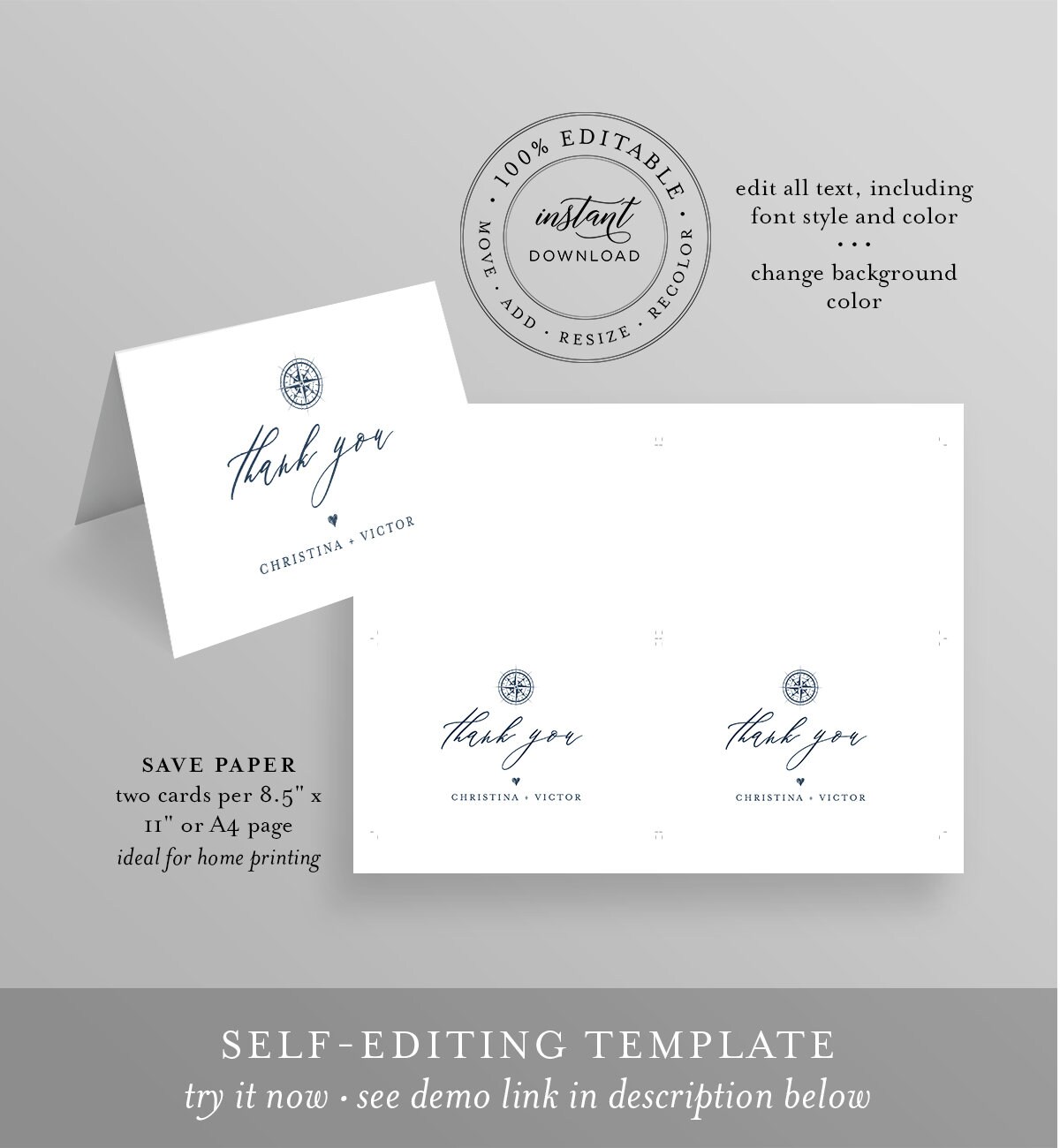 nautical thank you card template instant download 100