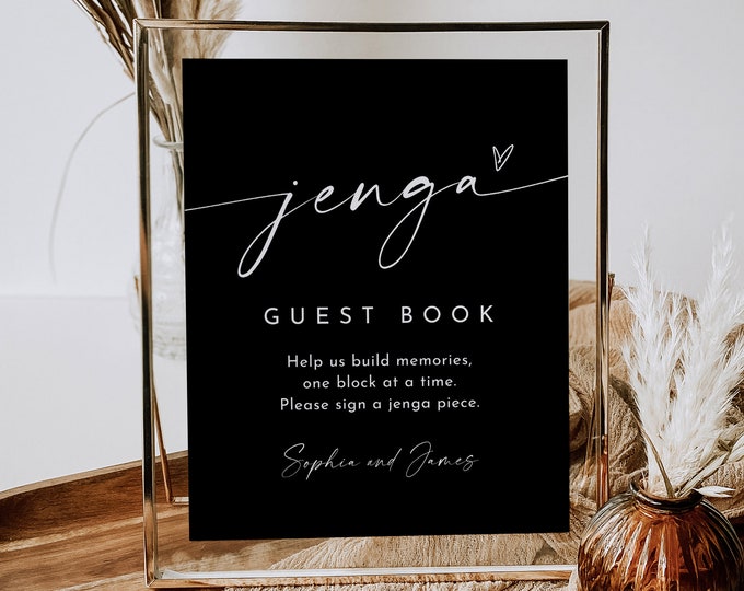 Jenga Guestbook Sign, Editable Template, Printable Guest Book, Classic Black Wedding Tabletop Sign, Instant, Templett 8x10 #0034B-72S