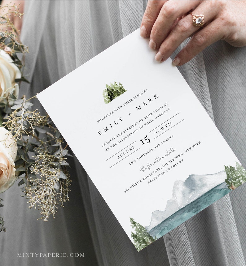 Lake Wedding Invitation Set, Lakeside, Mountain, Woodland Pine, Rustic Wedding, Editable Template, Instant Download, Templett 017A image 4