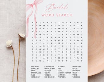 Word Search Game, Coquette Bow Bridal Shower Word Find Game, Pink Ribbon, Word Puzzle, Instant Download, Templett #0057-20BRG