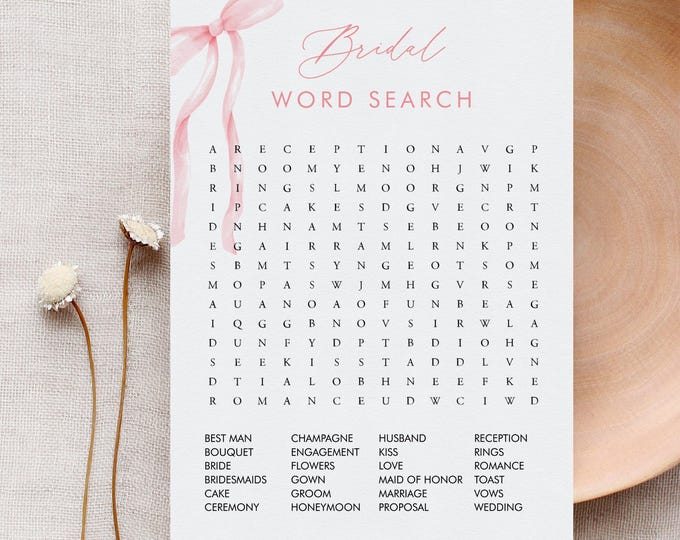 Word Search Game, Coquette Bow Bridal Shower Word Find Game, Pink Ribbon, Word Puzzle, Instant Download, Templett #0057-20BRG