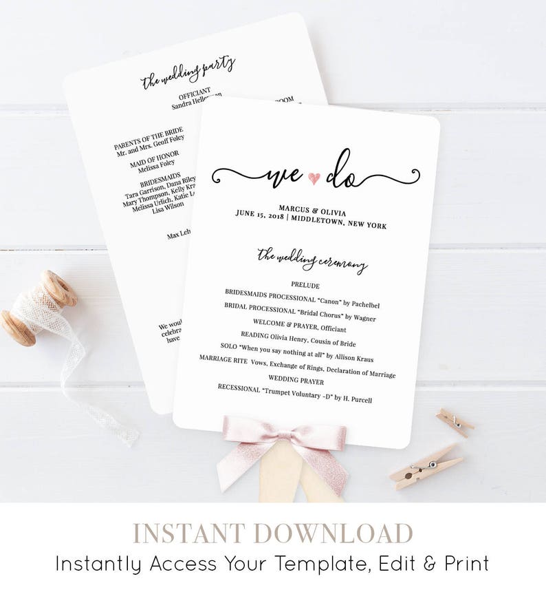 Wedding Program Printable, Wedding Program Template, Printable Ceremony Template, Fan Program, Order of Service, Instant Download 030-402WP image 1