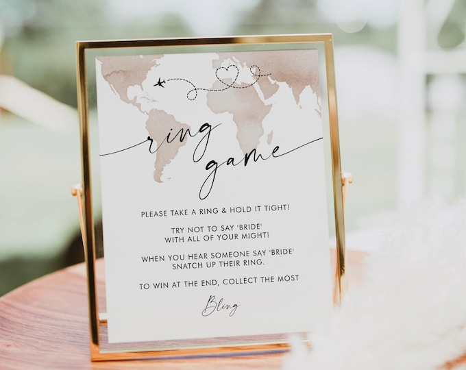 Ring Game, Travel Theme Bridal Shower Game, Don't Say Bride Game, Printable, Editable, World Map, Instant Download, Templett #0039-30BRG