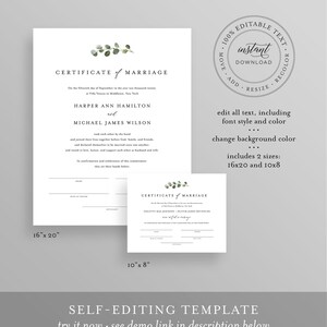 May include: Editable wedding certificate template with a leafy green design. The text reads "Certificate of Marriage" and includes the names "Harper Ann Hamilton" and "Michael James Wilson". The template is available in two sizes: 16x20 inches and 10x8 inches.