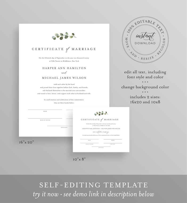 May include: Editable wedding certificate template with a leafy green design. The text reads "Certificate of Marriage" and includes the names "Harper Ann Hamilton" and "Michael James Wilson". The template is available in two sizes: 16x20 inches and 10x8 inches.