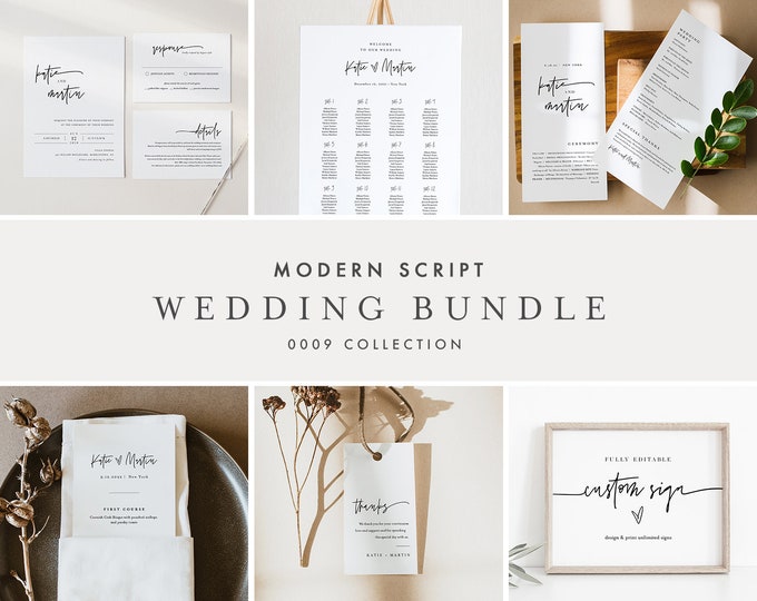 Modern Script Wedding Bundle, Simple Minimalist Invitation Suite + Wedding Essentials, 100% Editable Templates, Templett #0009-BUNDLE