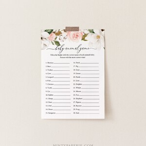 May include: A printable baby animal game with a floral design. The game asks players to fill in the blanks with the correct name of each animal's baby. The person with the most correct answers wins.