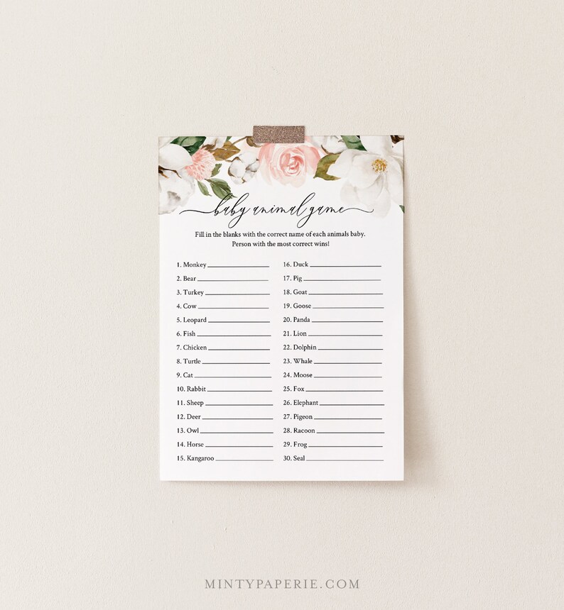 May include: A printable baby animal game with a floral design. The game asks players to fill in the blanks with the correct name of each animal's baby. The person with the most correct answers wins.