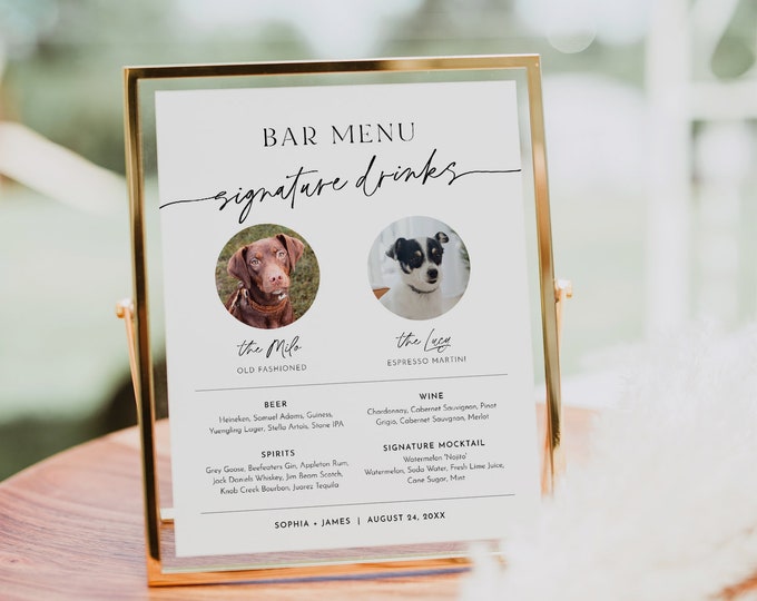 Pet Signature Drink Sign, Dog Signature Cocktail, 2 Photos, Minimalist Wedding Bar Menu, Editable Template, Instant Download #0032-23S